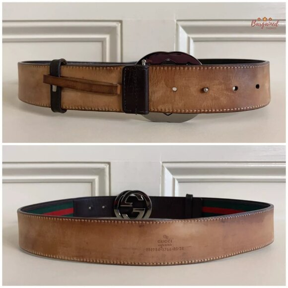 Authentic Gucci Web Canvas Brown Leather Silver Interlocking G Buckle Belt 85/34 - Picture 6 of 12